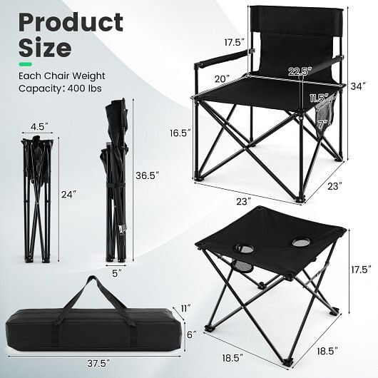Thumbnail: Outdoor Folding Camping Chairs and Table Set with Carrying Bag-Black