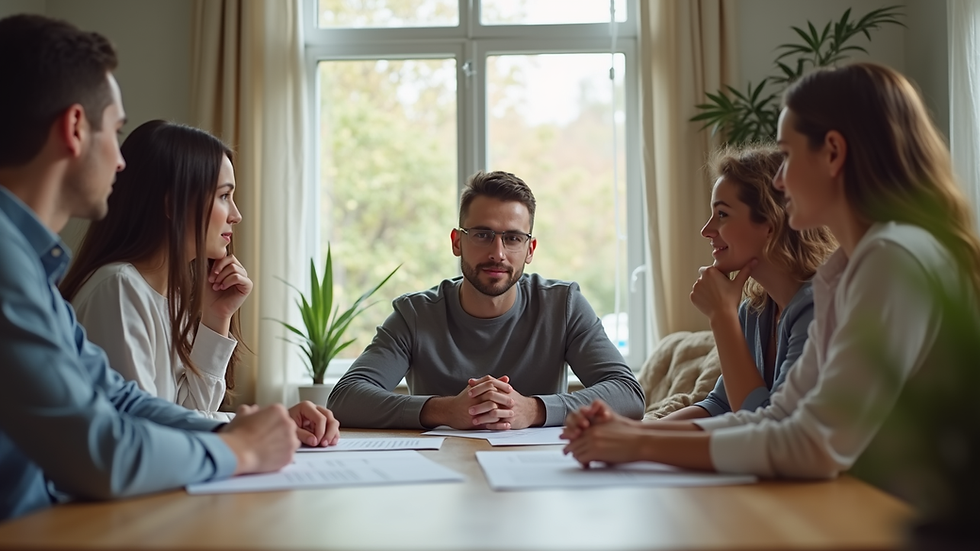Eye-level view of a family discussing parenting agreements around a table