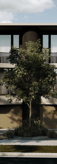 CDC approved two-storey duplex with basements featuring modern passive solar design, curved balcony façade, large windows, and sustainable finishes.