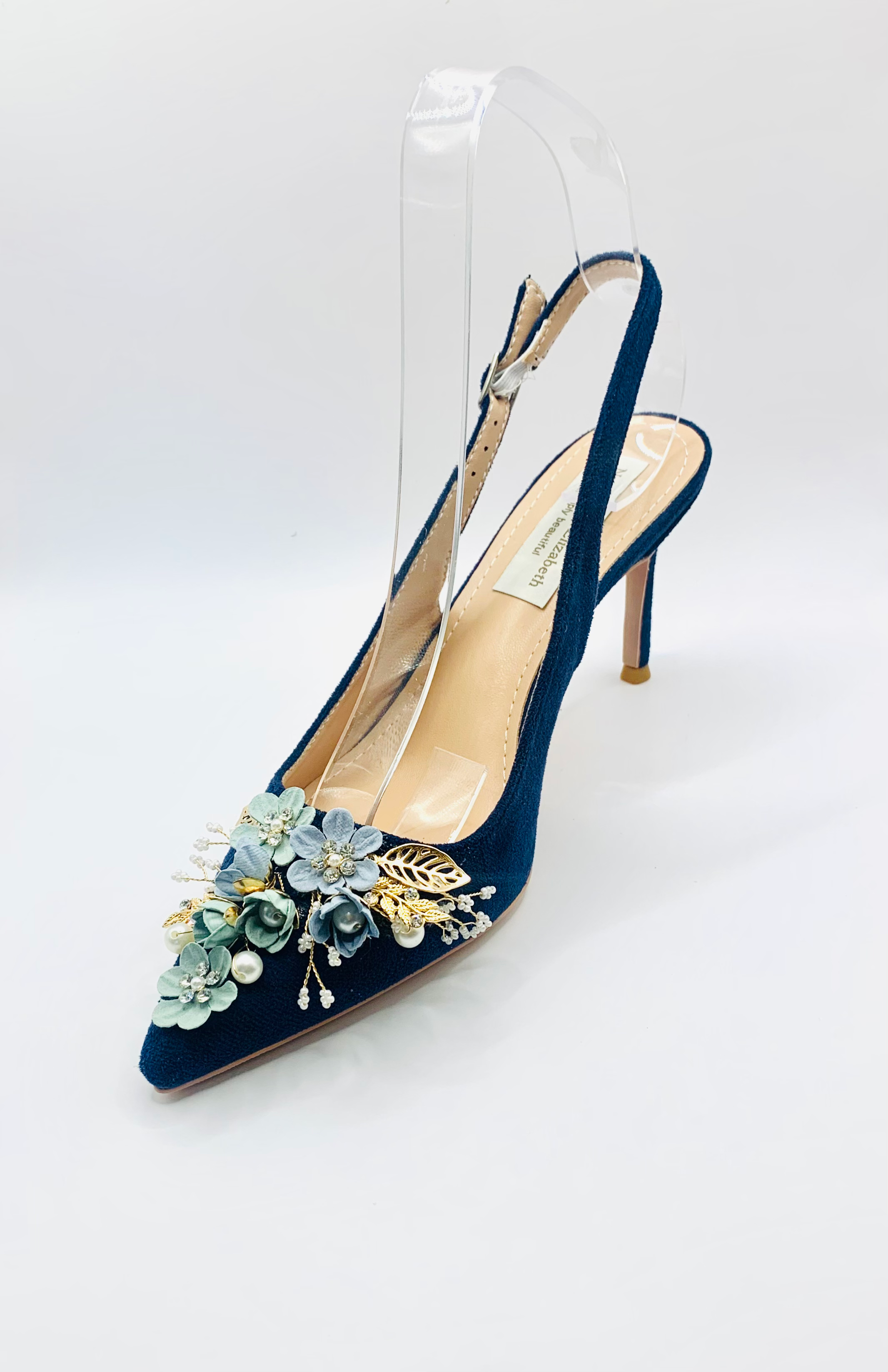 Hand Finished Navy Blue Powder Blue and Sage Green Diamanté and Pearl Flowers