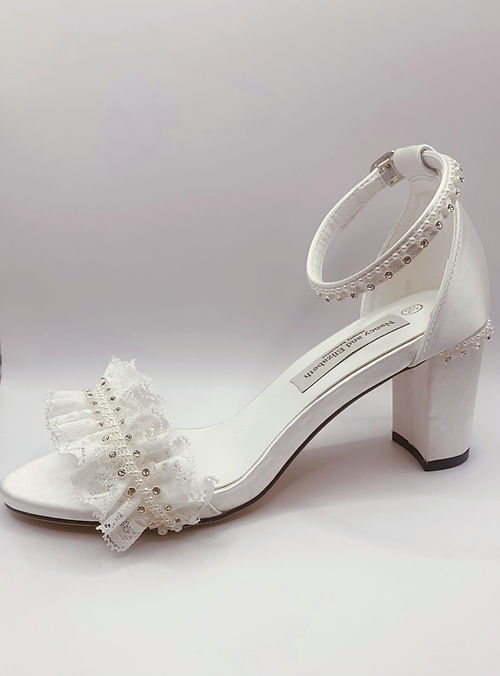 Stunning Ivory Satin Diamante Pearl and Lace Embellished Wedding Sandals