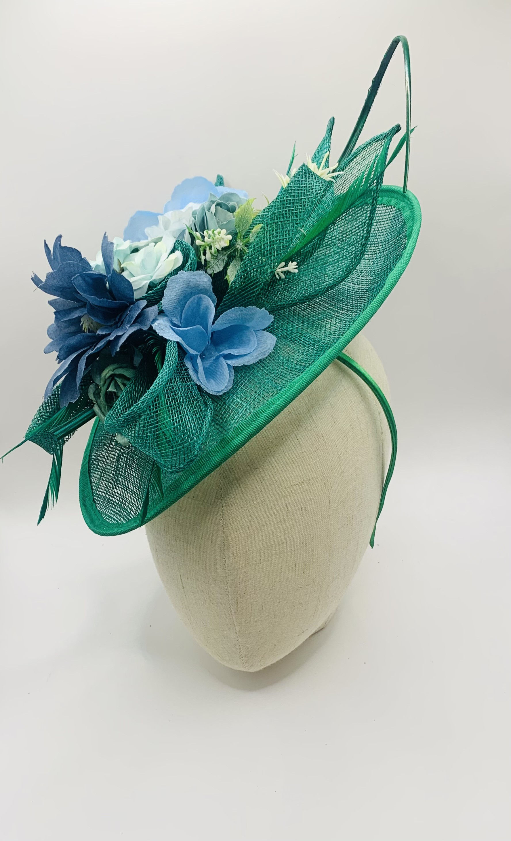 Floral Wedding Fascinator Hat: Green, Mint, and Cornflower Blue