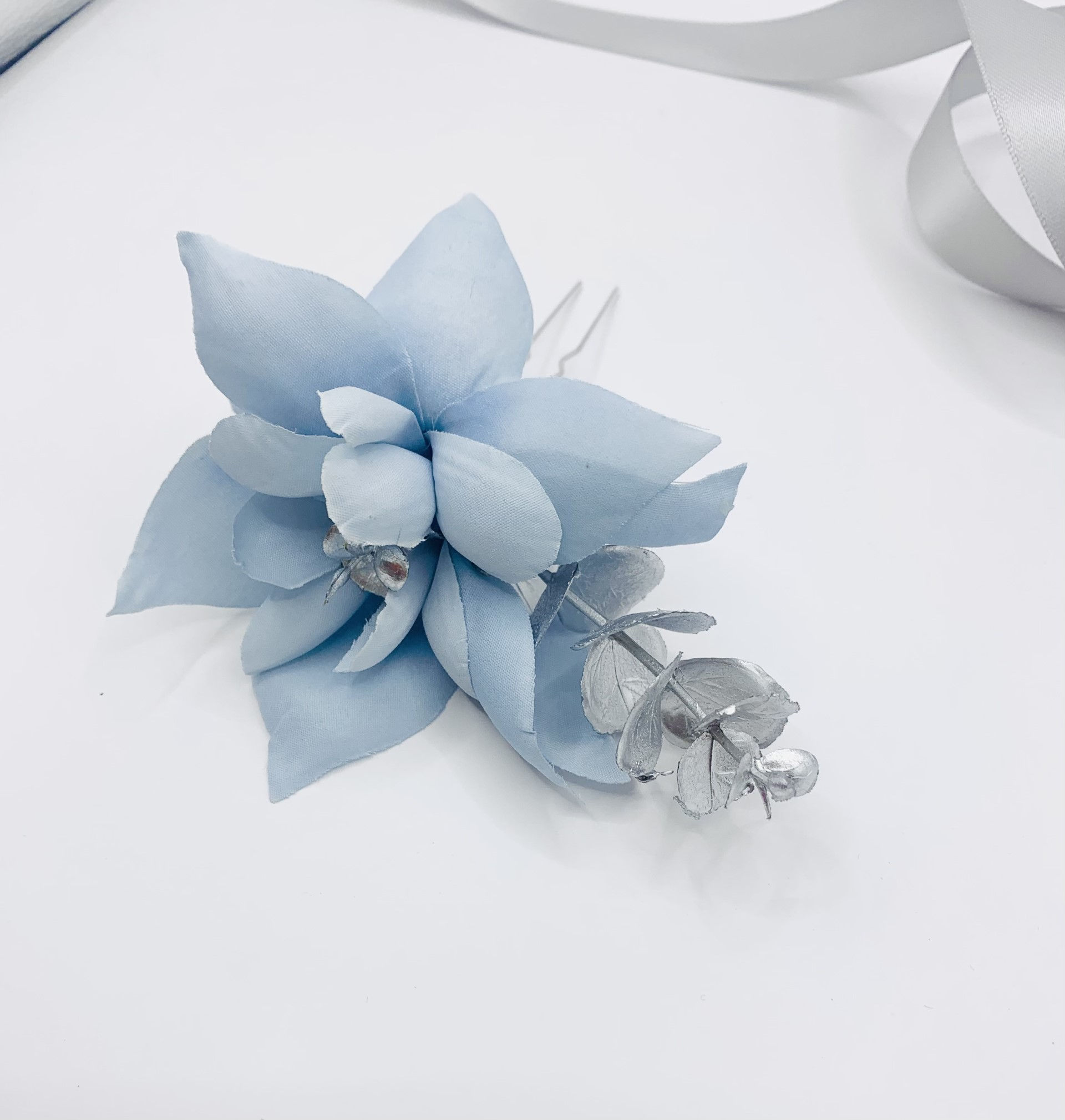 Beautiful Bridesmaid Dusky Powder Blue with Silver Leaf Wedding Flower Hair Pin