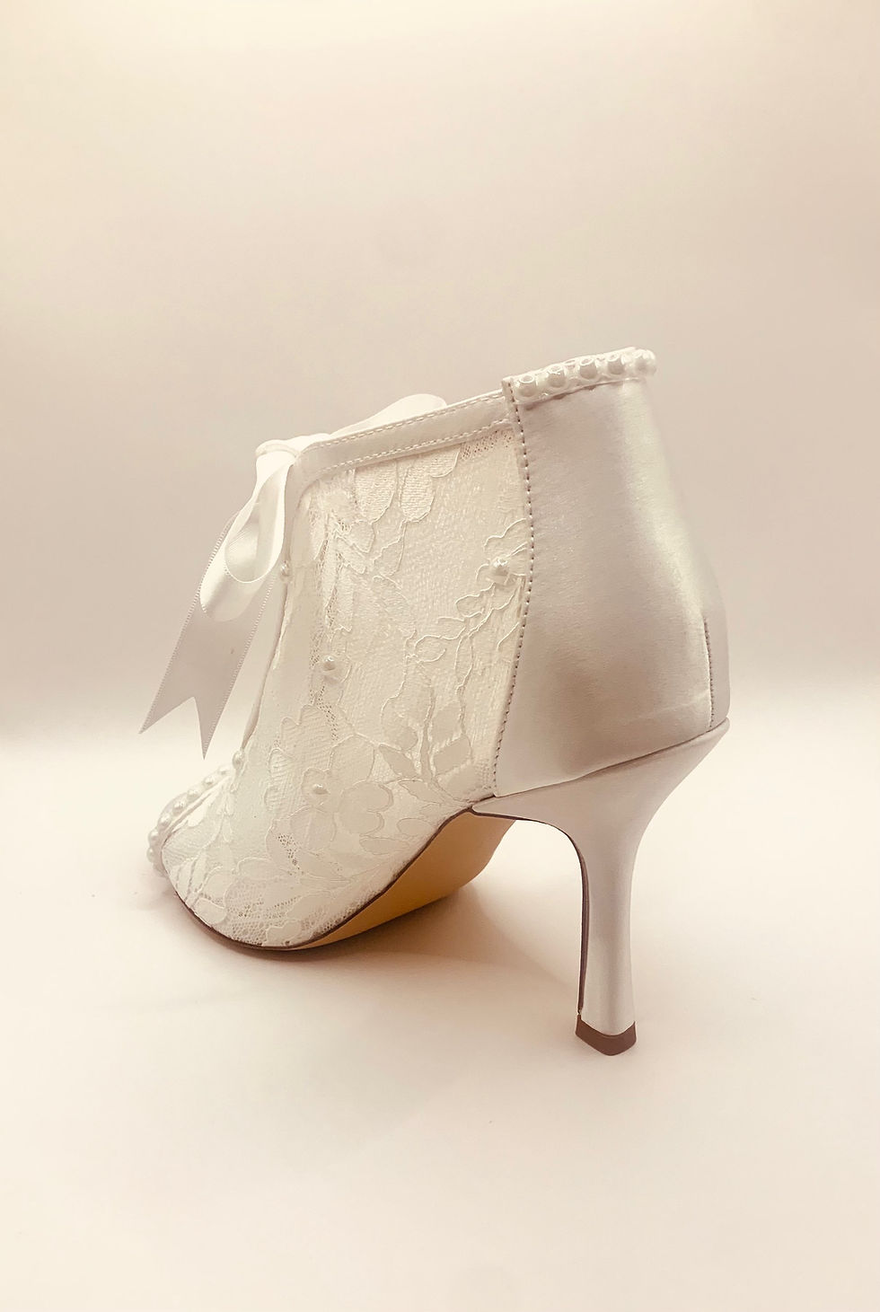 Thumbnail: Simply Beautiful White Satin, Lace and Pearl Bridal Ankle Shoe / Boots