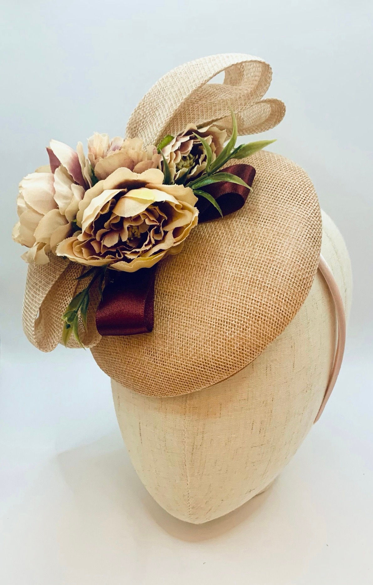 Burgundy Beige Floral Wedding Fascinator Derby Ascot Race Day Pillbox Hat