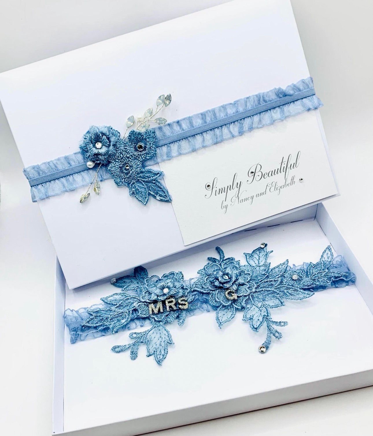 Monogrammed Dusky Blue Bridal Garter: Diamante Lace Wedding Garter