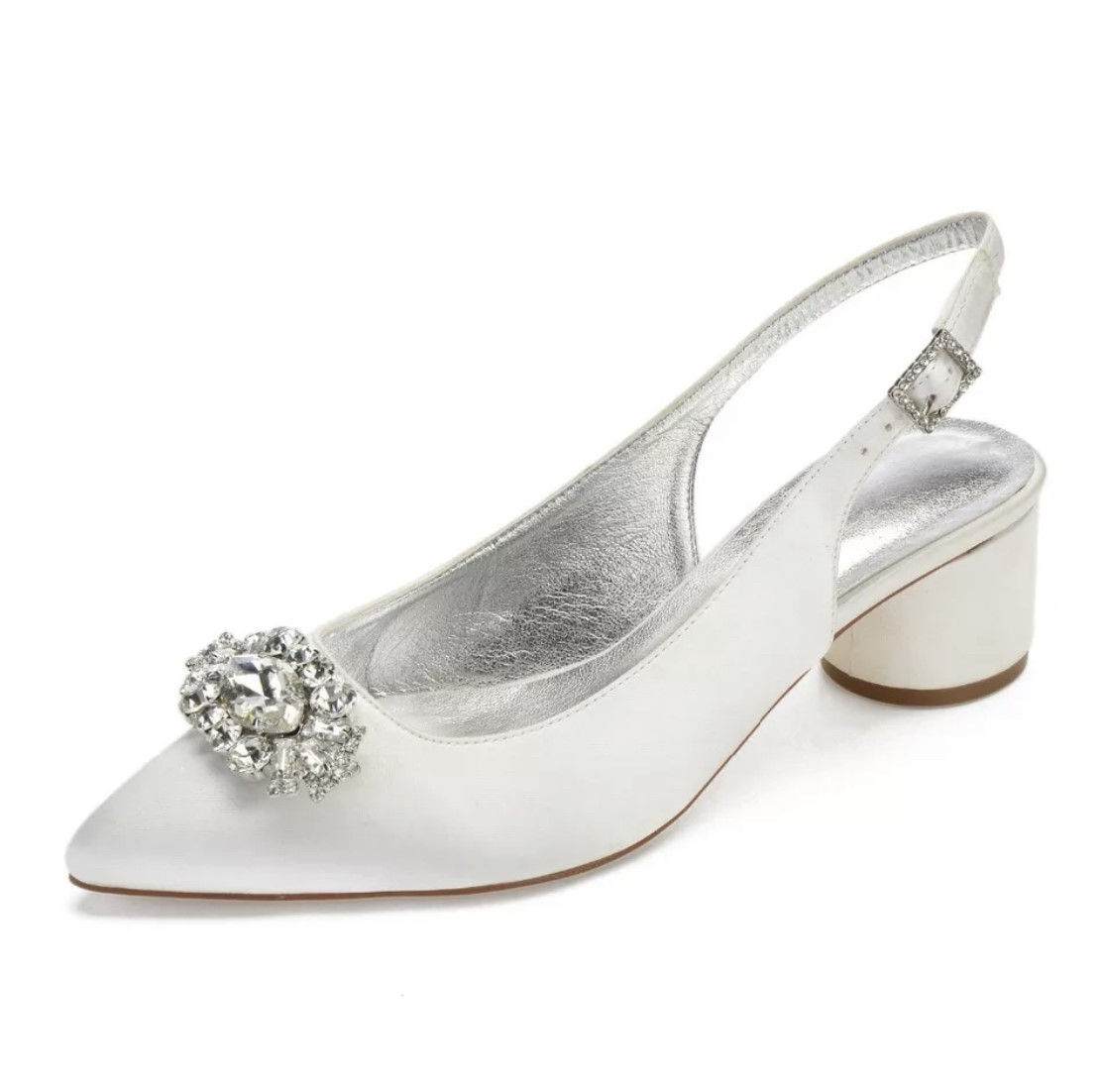 Simply Beautiful Crystal Embellished White Block Heel Sling Back Bridal Shoes
