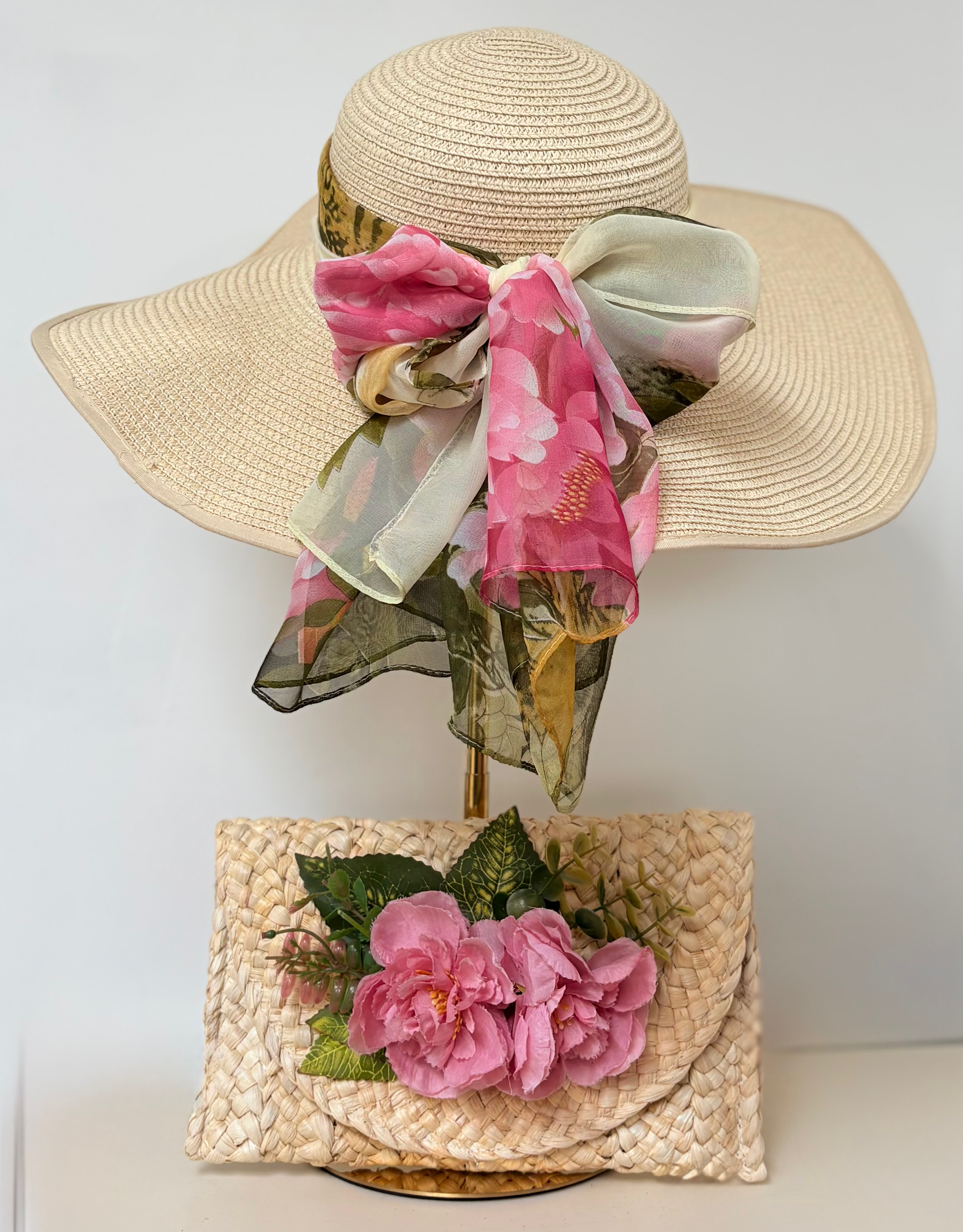 Pink and Green Floral Chiffon Wedding Hat and Matching