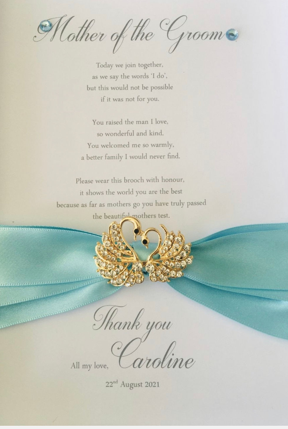 Thumbnail: Mother of the Groom Poem and Diamanté Swans Brooch