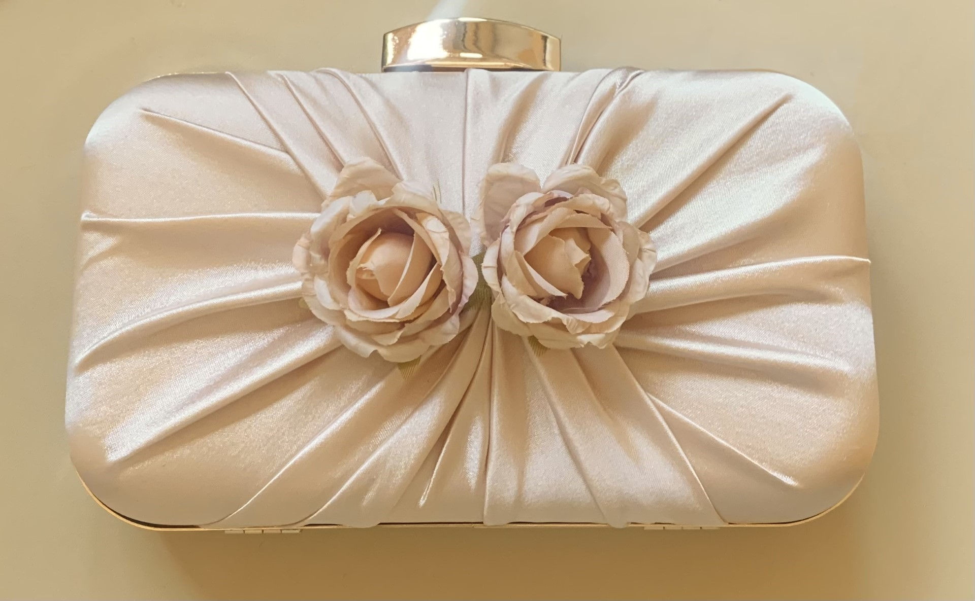 Simply Beautiful Champagne with Blush Pink Flower Embellished Clutch Bag