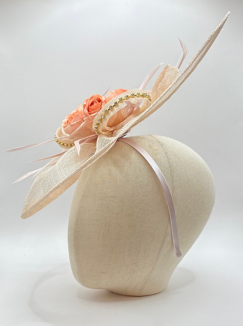 Thumbnail: Peach Champagne Satin Wedding Shoe and Fascinator Set: Peach Pink Floral Bridal 