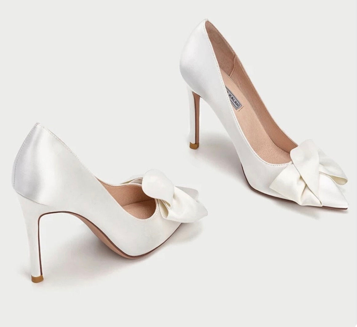 Off White Ivory Satin Bridal Shoe with Sash Bow Front - Heel Height Options