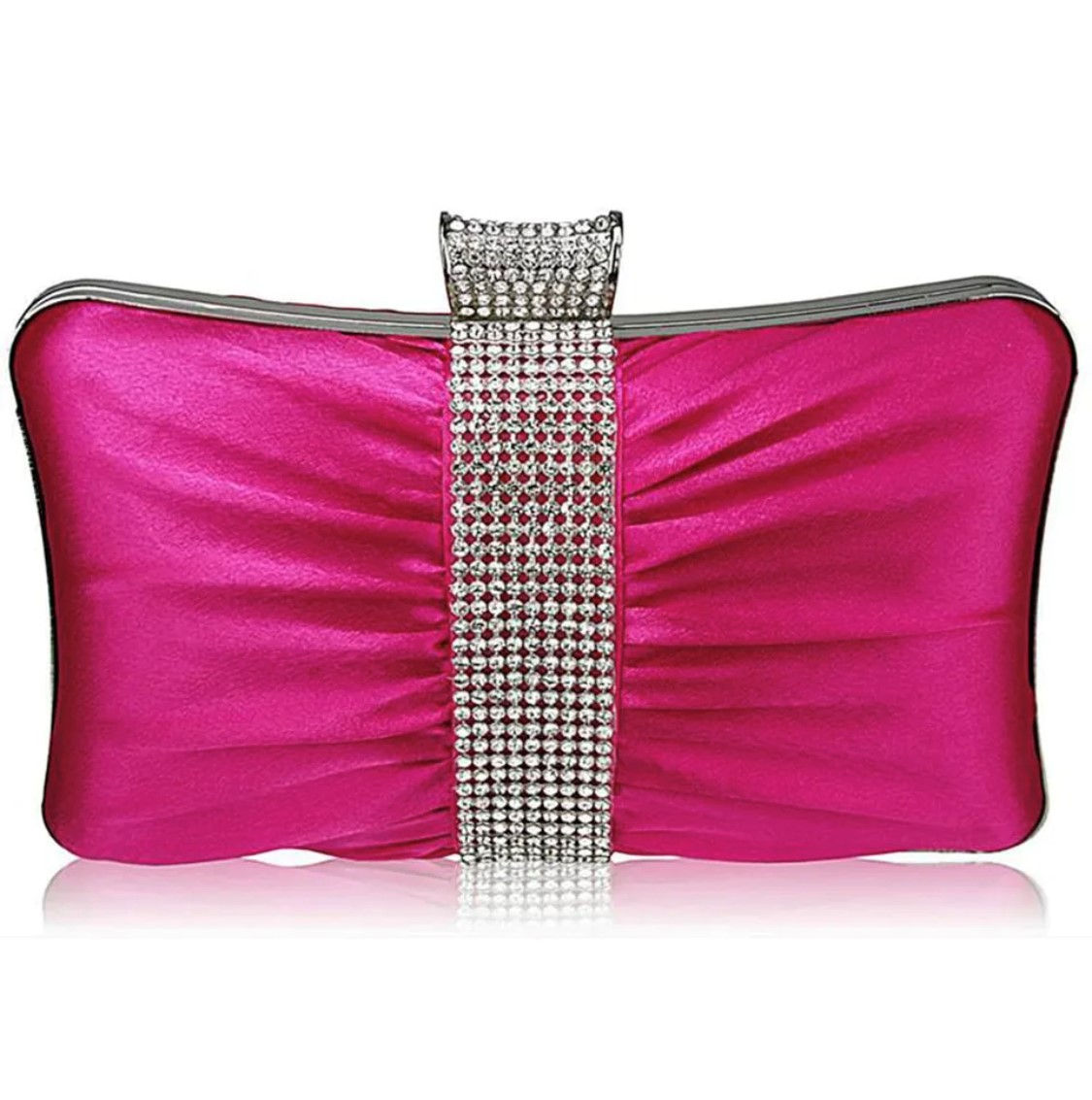Stunning Fuscia Pink Diamanté Clutch Handbag with Silver Chain Strap