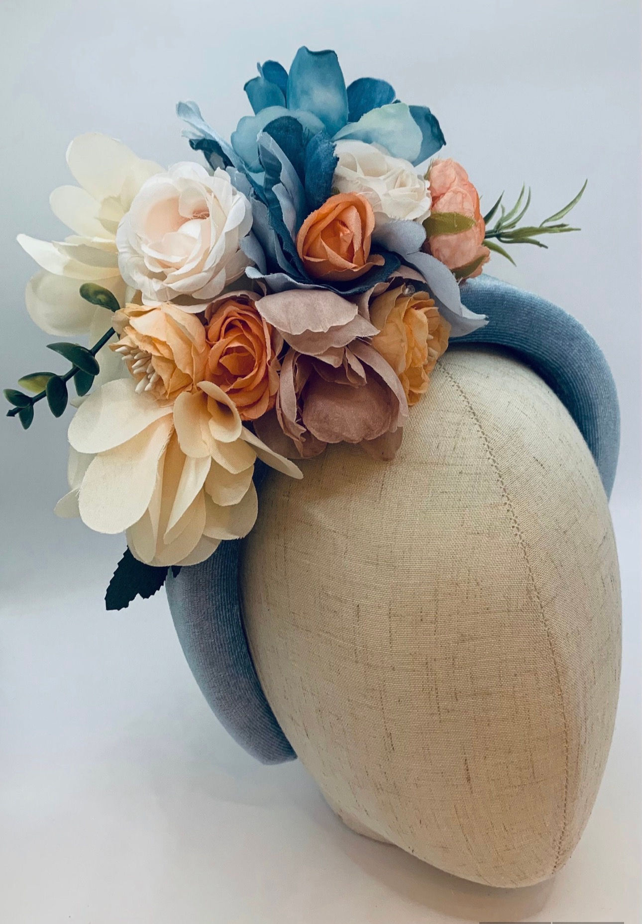 Blush Blue Floral Wedding Headband: Peach & Pink Roses Fascinator