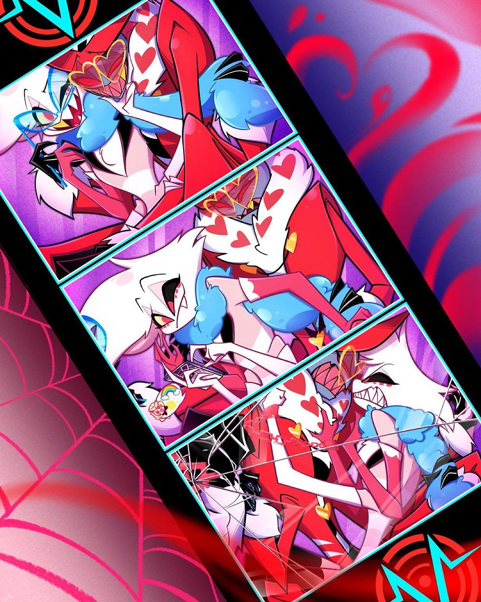 Image Description: An art piece of Angel Dust and Valentino from Hazbin Hotel in a photobooth.