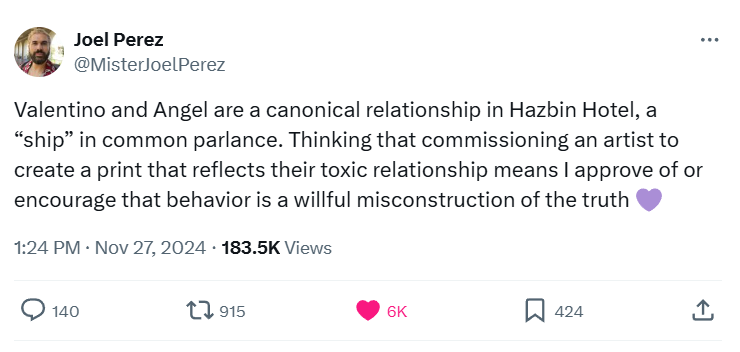 Image Description: A tweet by Joel Perez regarding the relationship between Angel Dust and Valentino in the show.