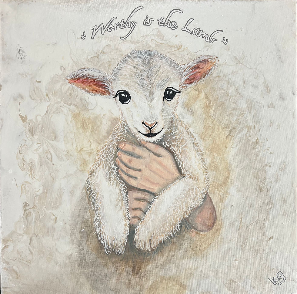 Loving hands hold a lamb; "Worthy is the Lamb"