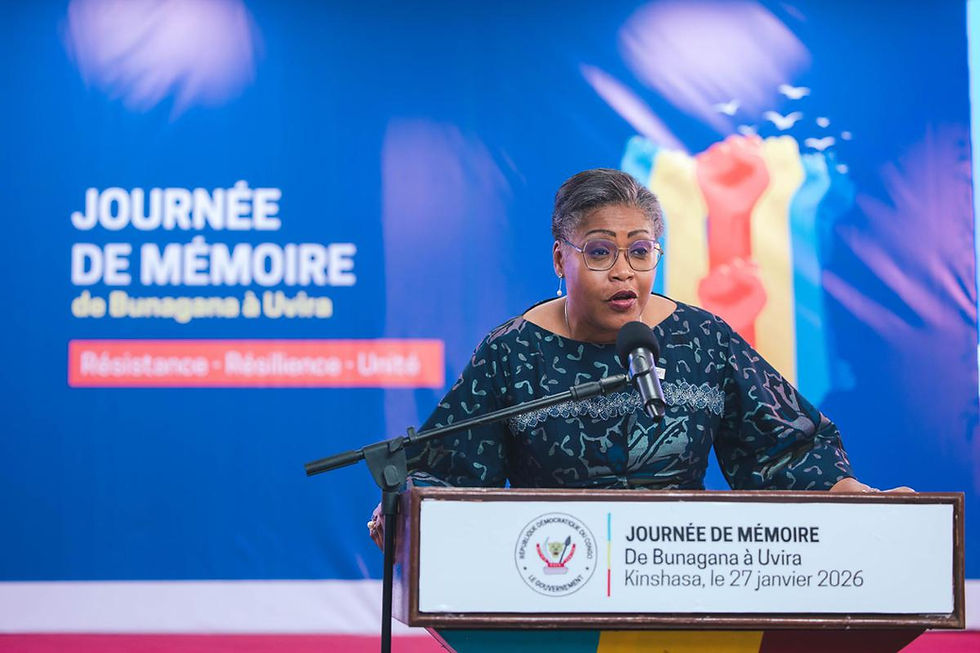 La Première ministre Judith Suminwa, lors de la cérémonie de recueillement en mémoire des victimes de la guerre organisée à l’Académie des Beaux-Arts à Kinshasa. Le 27 janvier 2026.Photo Primature. -Copyright © jeune patriote news copyright 2026 AP. All rights reserved