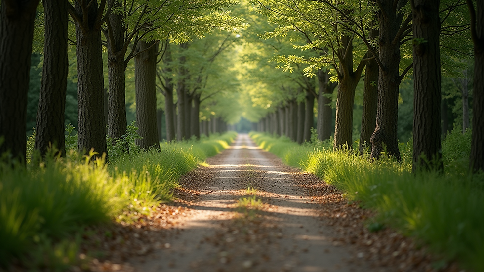 Eye-level view of a serene nature path surrounded by trees