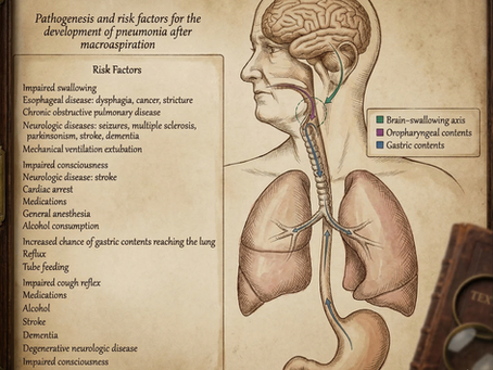 Medical illustration of aspiration pneumonia pathogenesis including dysphagia and airway contamination in brain injury patients