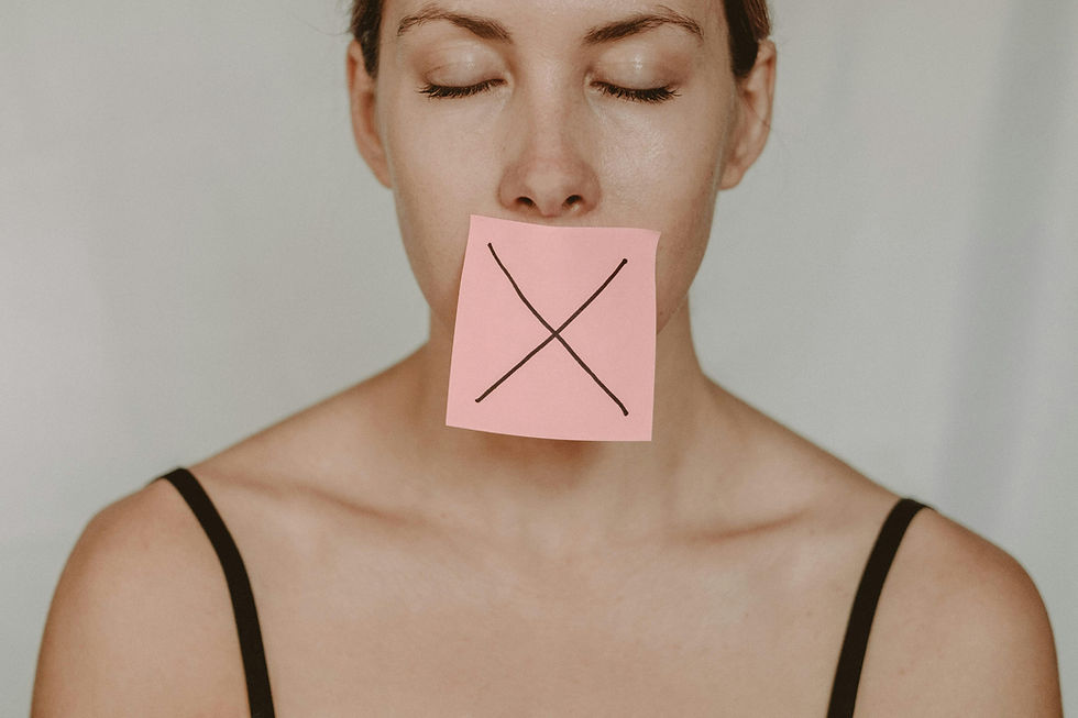 Person with a crossed symbol covering their mouth representing restriction of oral intake.