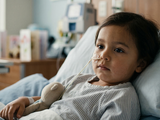 Child with an enteral feed, nasogastric feed looking worried due to enteral feeding error