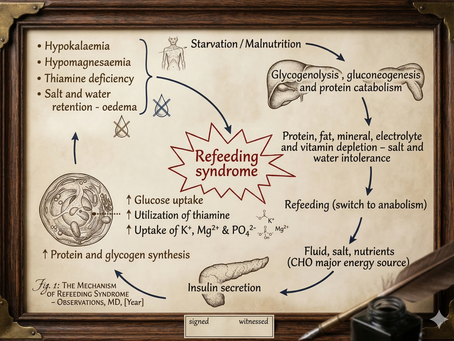 Refeeding syndrome mechanism diagram showing electrolyte shifts and metabolic changes after starvation