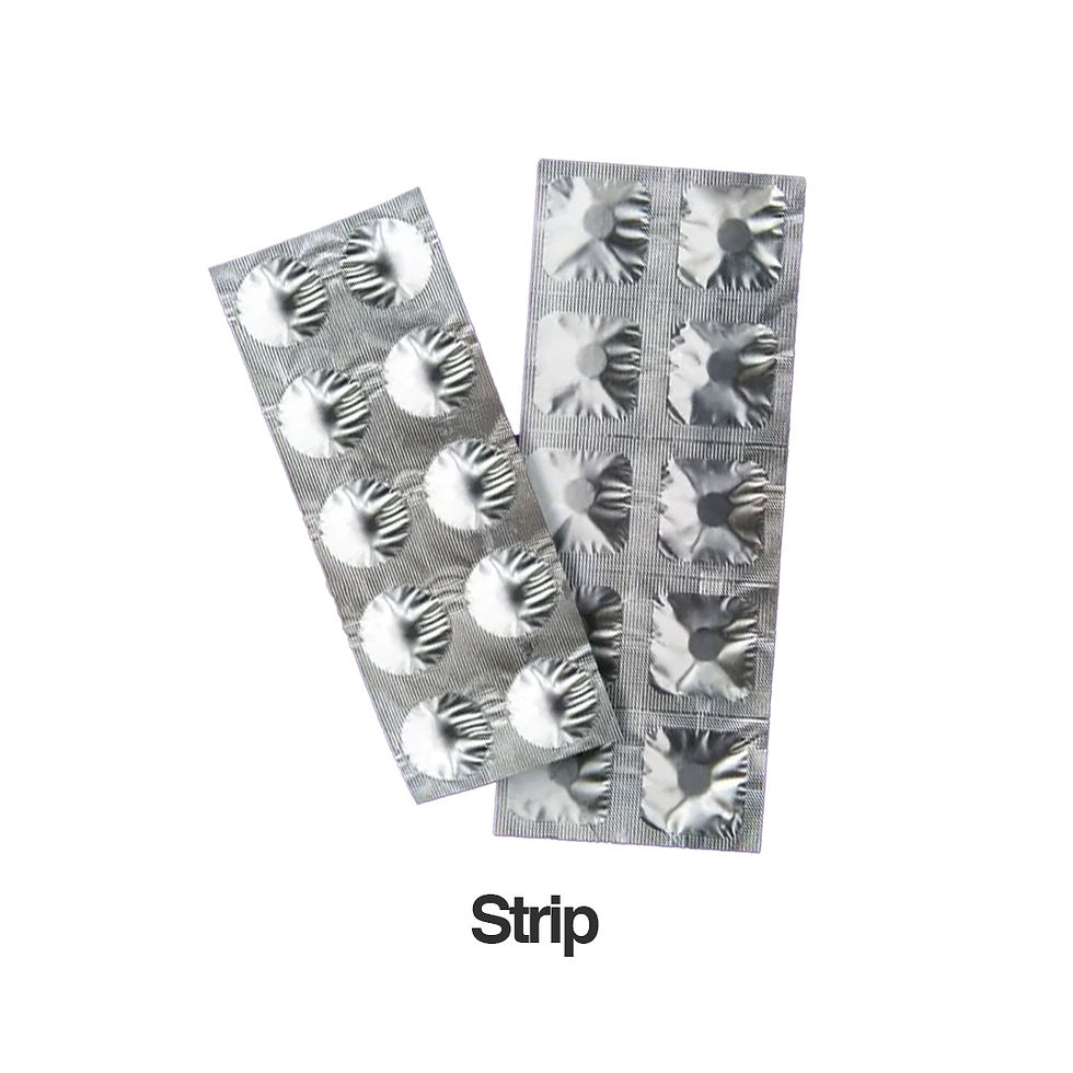 Strip packaging has no separately pre-formed cavity. The product is sealed between two webs of foil or laminate using either a heated reciprocating platen or a heated crimping roller, and a pocket forms around the product during this sealing step. The finished pack is accordingly not flat wherever it contains a tablet or capsule, only the sealed margins between doses remain flat.