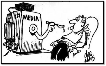 Cartoon of a television labeled media spoon feeding liquid to a passive, seated man