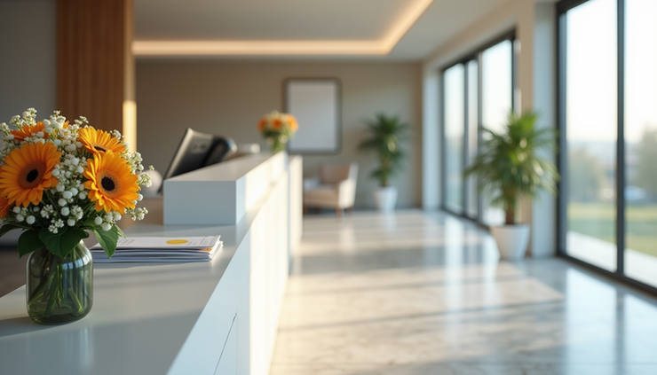 Eye-level view of a neat reception desk with fresh flowers and organized brochures