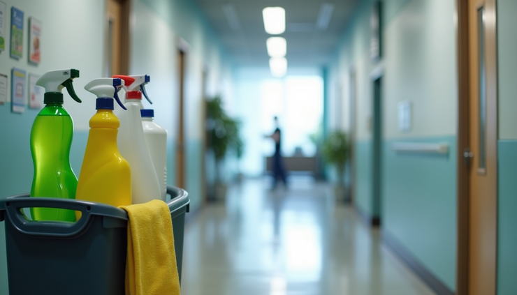 Eye-level view of a cleaning cart with eco-friendly products in a bright office hallway