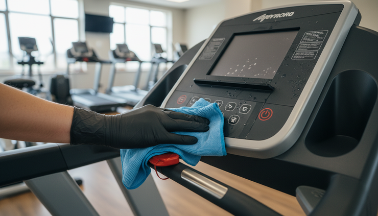 Close-up view of a cleaner wiping a treadmill control panel with a microfibre cloth.