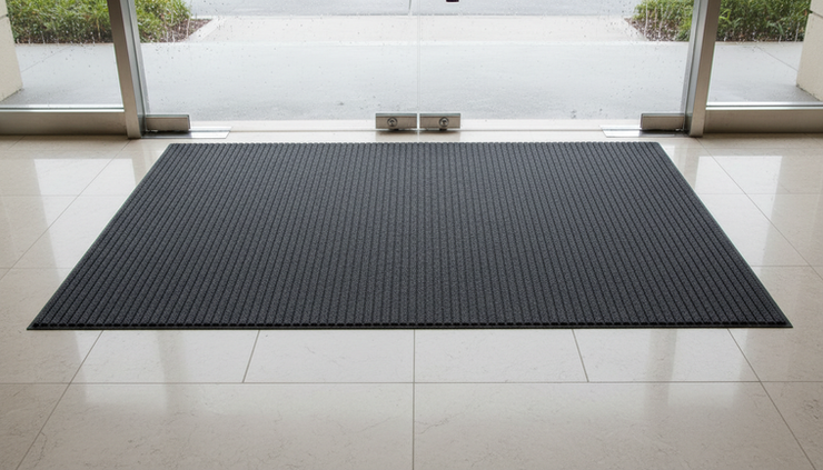 Eye-level view of a clean entrance mat on a tiled floor after rain.