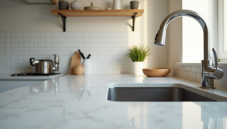 Eye-level view of a spotless kitchen countertop and sink in a rental property