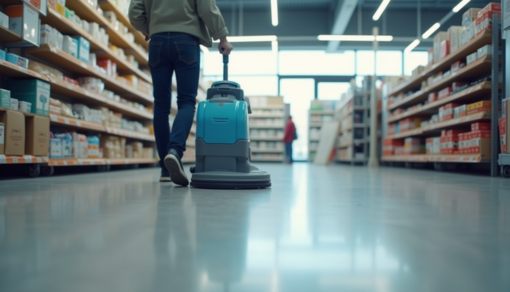 High angle view of an automated floor cleaning machine operating in a retail store