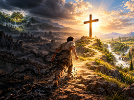 Ilustración de la entrada del pecado en Edén, la humanidad encadenada por el pecado y las cadenas rotas ante la Cruz, con el camino del creyente continuando en la luz de Jesucristo.