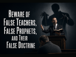 A preacher stands at a pulpit beneath the shadow of a manipulator, warning about false teachers, false prophets, and their false doctrine.