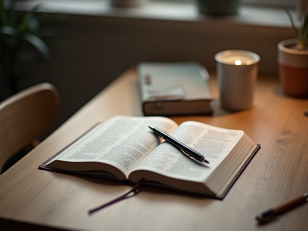 High angle view of a Bible, a cup of coffee, and a candle on a table