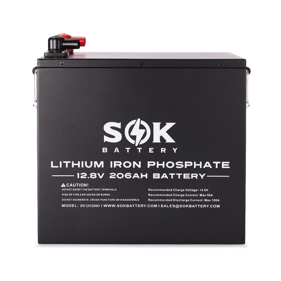 SOK Battery SK12V206H 12V 206Ah metal case LiFePO4 deep cycle battery featuring built-in heater and Bluetooth BMS