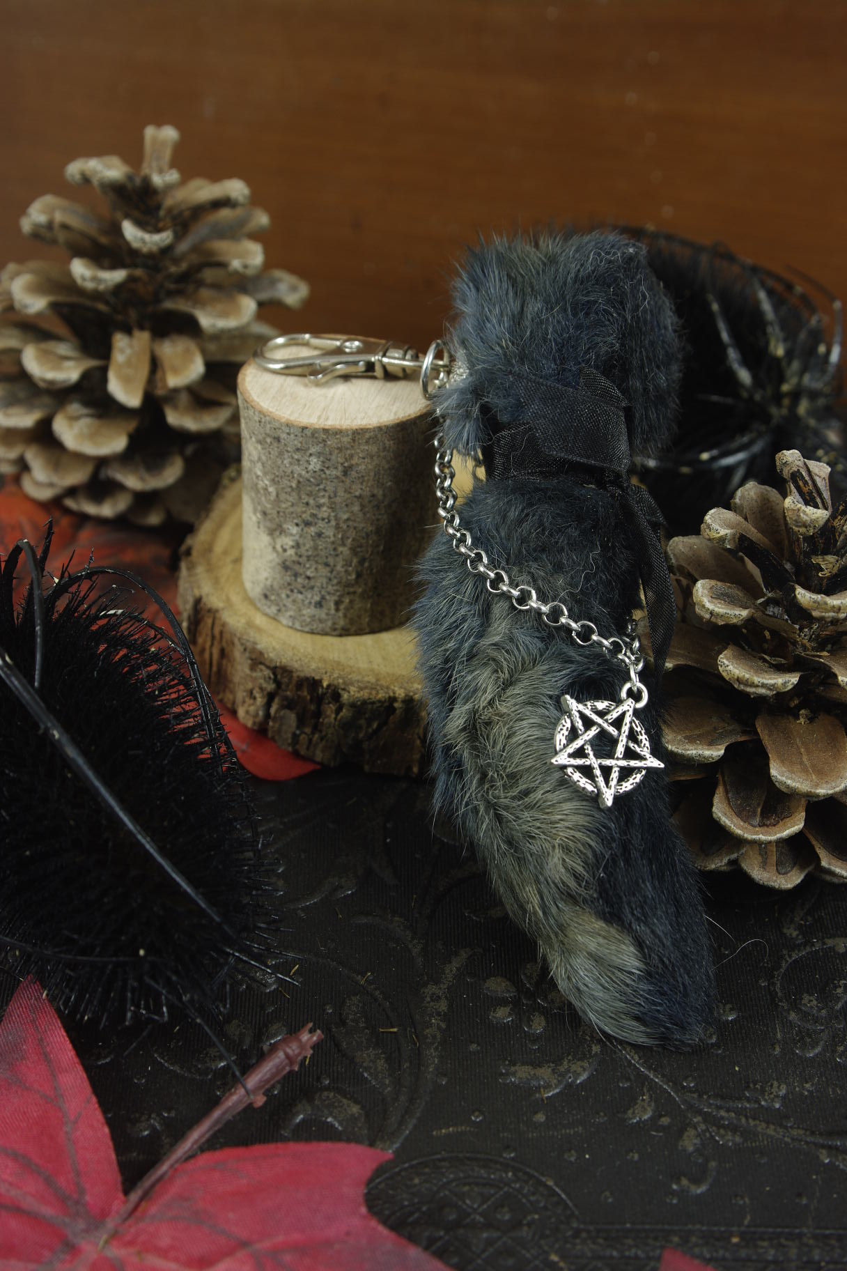 Porte Bonheur, Grigri, patte de lapin véritable teintée bleu, porte-clefs, breloques pentagramme  ruban noir  Attache type ho