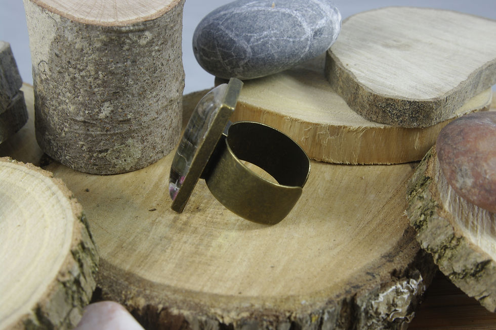 Bague rectangulaire mue de serpent véritable, Eclats de Célarys, teintée rose et blanc, Artisanat Français. vue 2