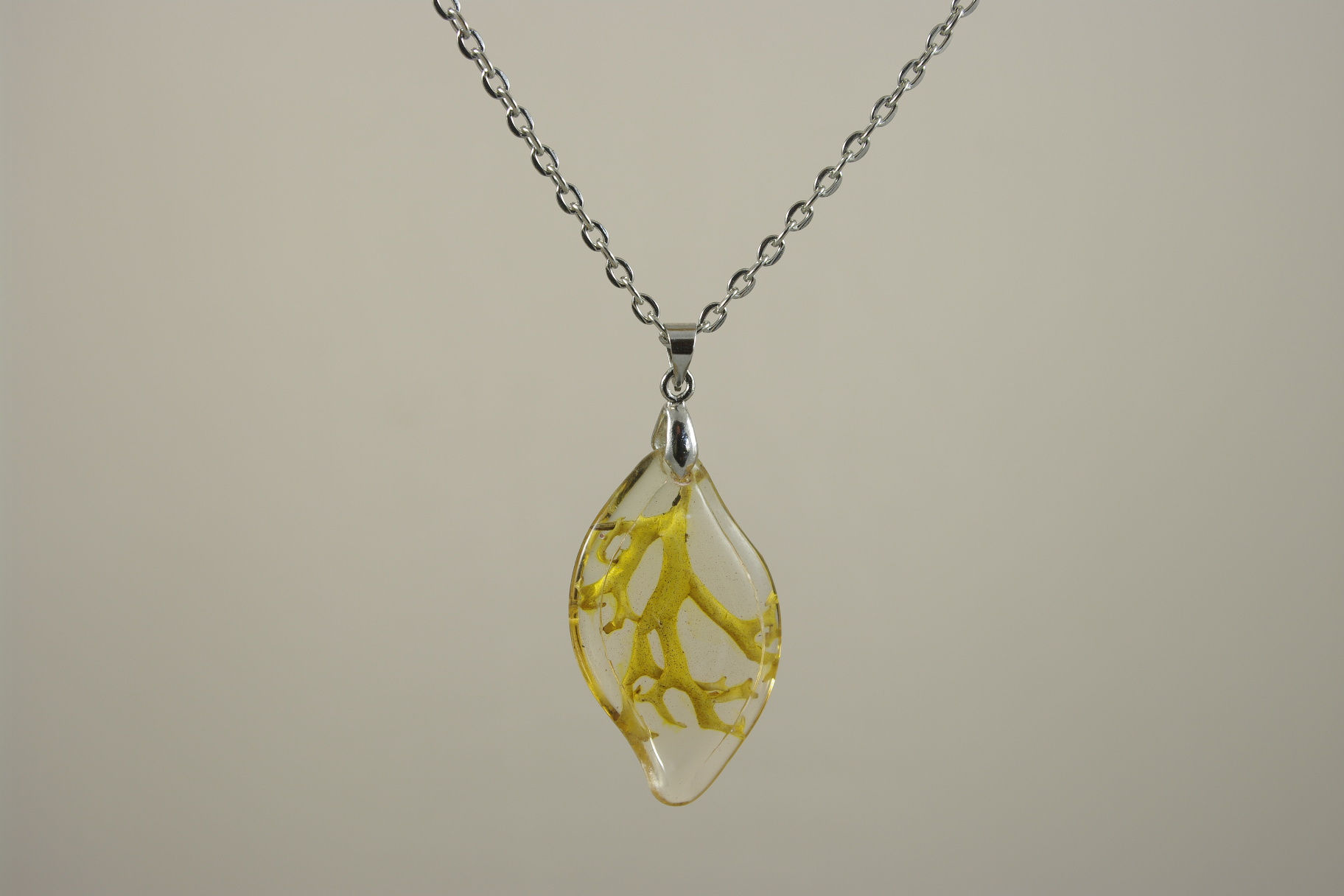 Pendentif résine teintée légèrement jaune, inclusion "Radicelles Obséquieuses des Marais" (lichen).  Hauteur 3.2cm