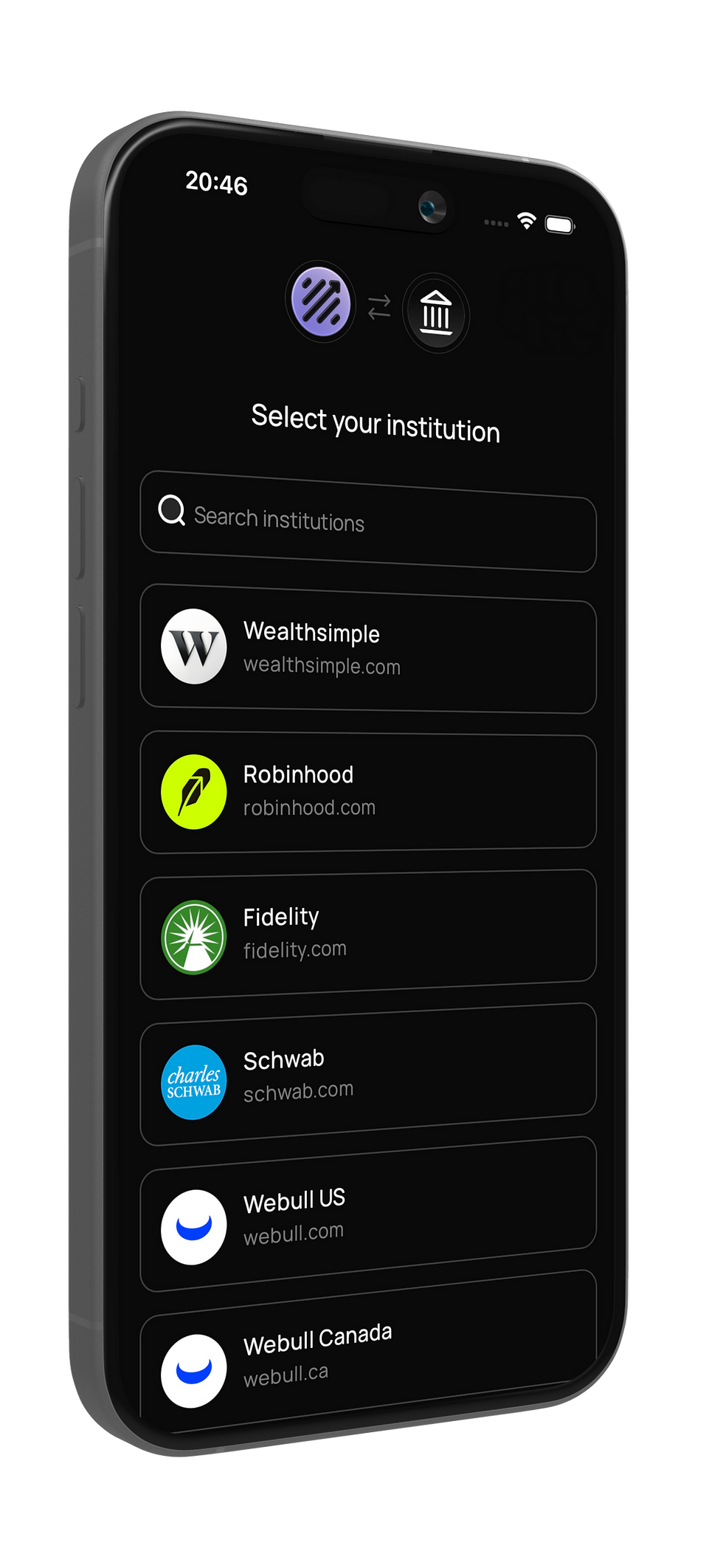An aggregator view that allows the user to connect accounts to Equira.