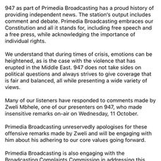 Offensive comments made by 94.7 host Zweli Mbhele