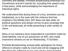 Offensive comments made by 94.7 host Zweli Mbhele