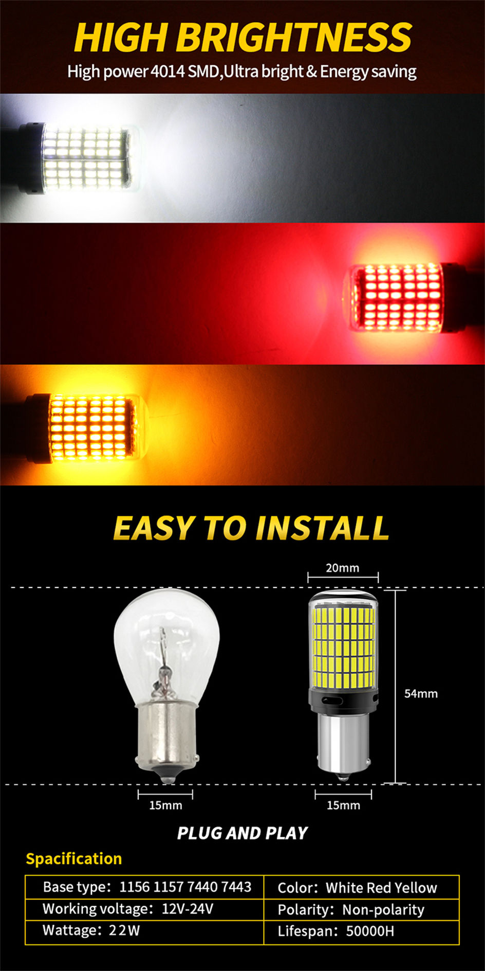 Thumbnail: 2pcs High Power Car LED Lights Glass 4014SMD Canbus 1156 P21W PY21W 1157 P21/5W 