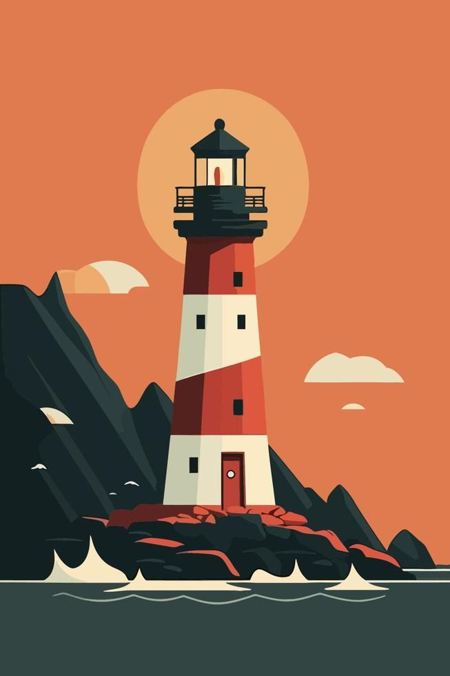 Lighthouse on the rocks_ Vector illustration in flat cartoon style.jpeg