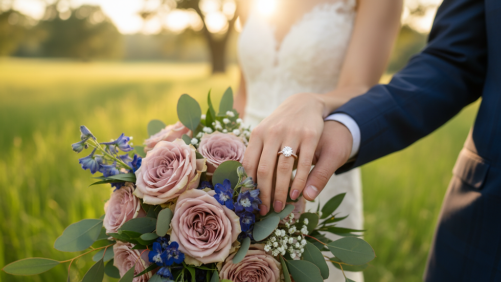 Close-up view of a wedding ring on a bride’s hand with natural light