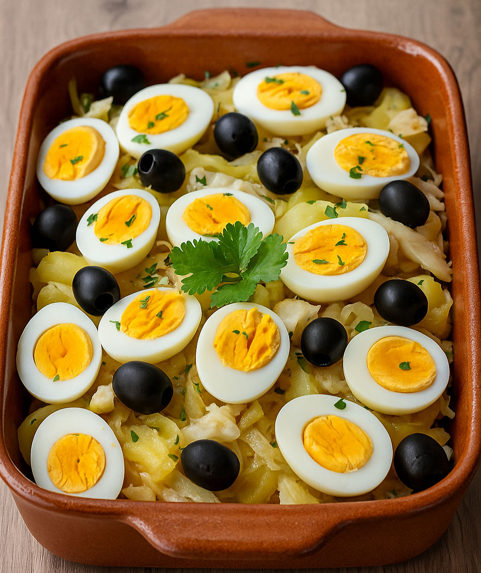Travessa com Bacalhau à Gomes de Sá, decorado com ovos cozidos, azeitonas pretas e salsa fresca