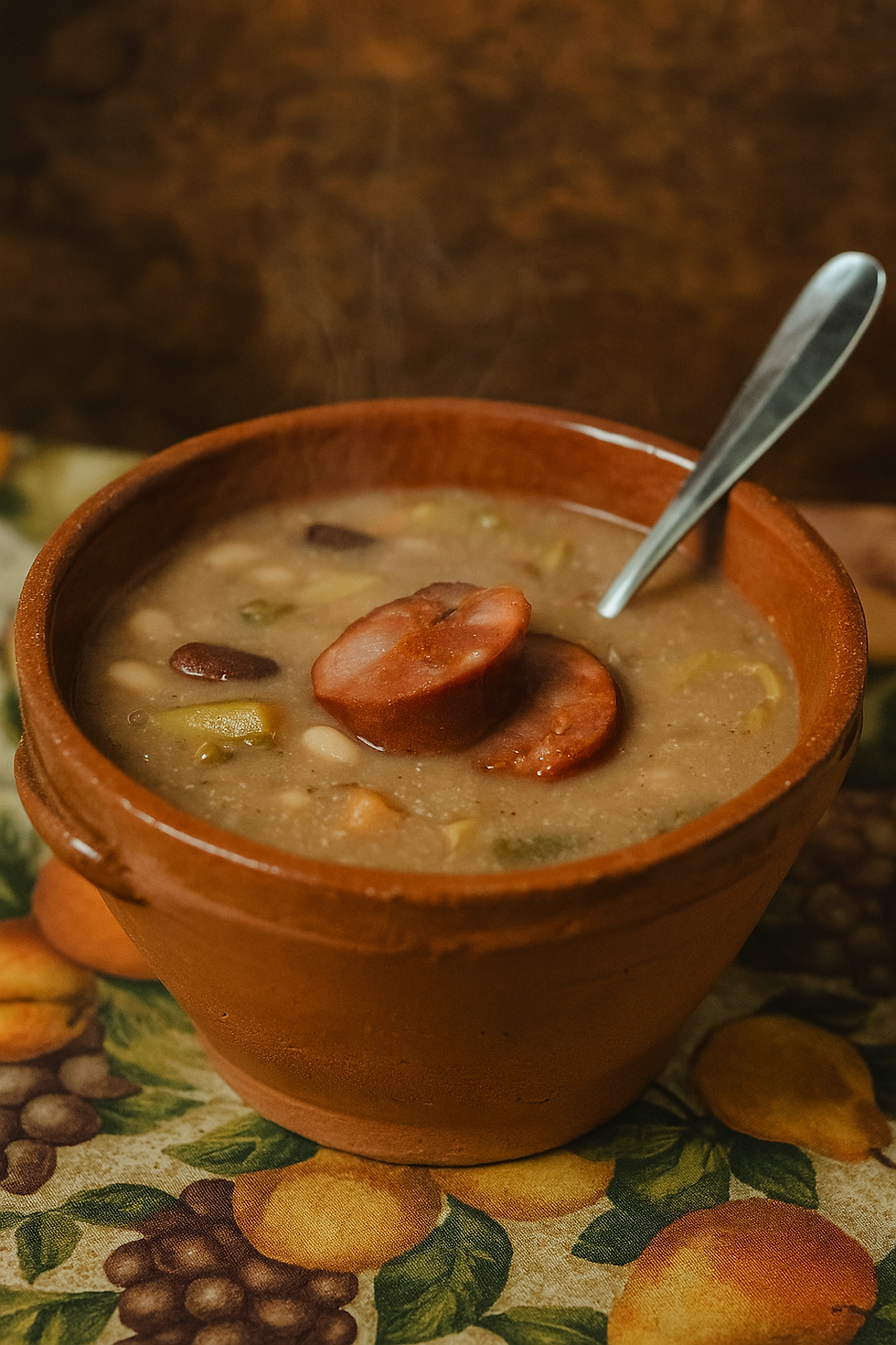 Tigela de sopa de feijão encarnado com couve portuguesa e rodelas de chouriço